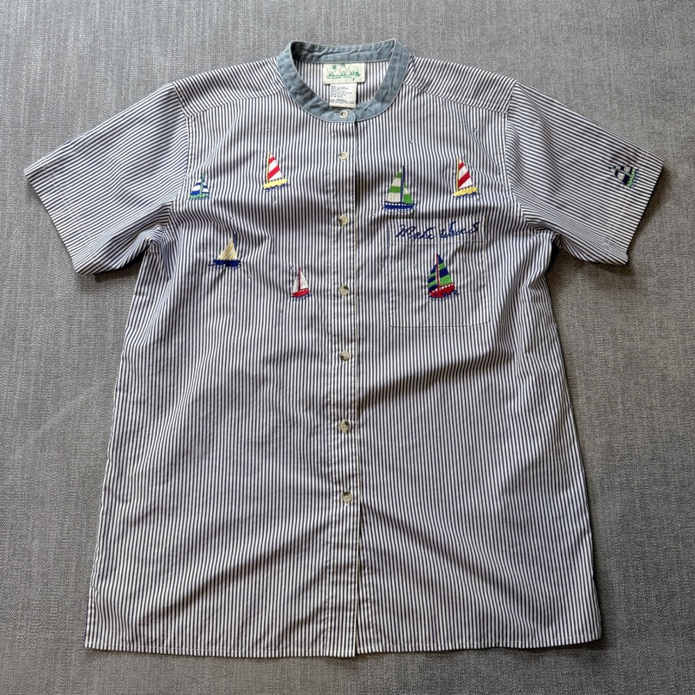 The Quacker Factory Sailboat Embroidered Striped Shirt Blue White Women Small‎